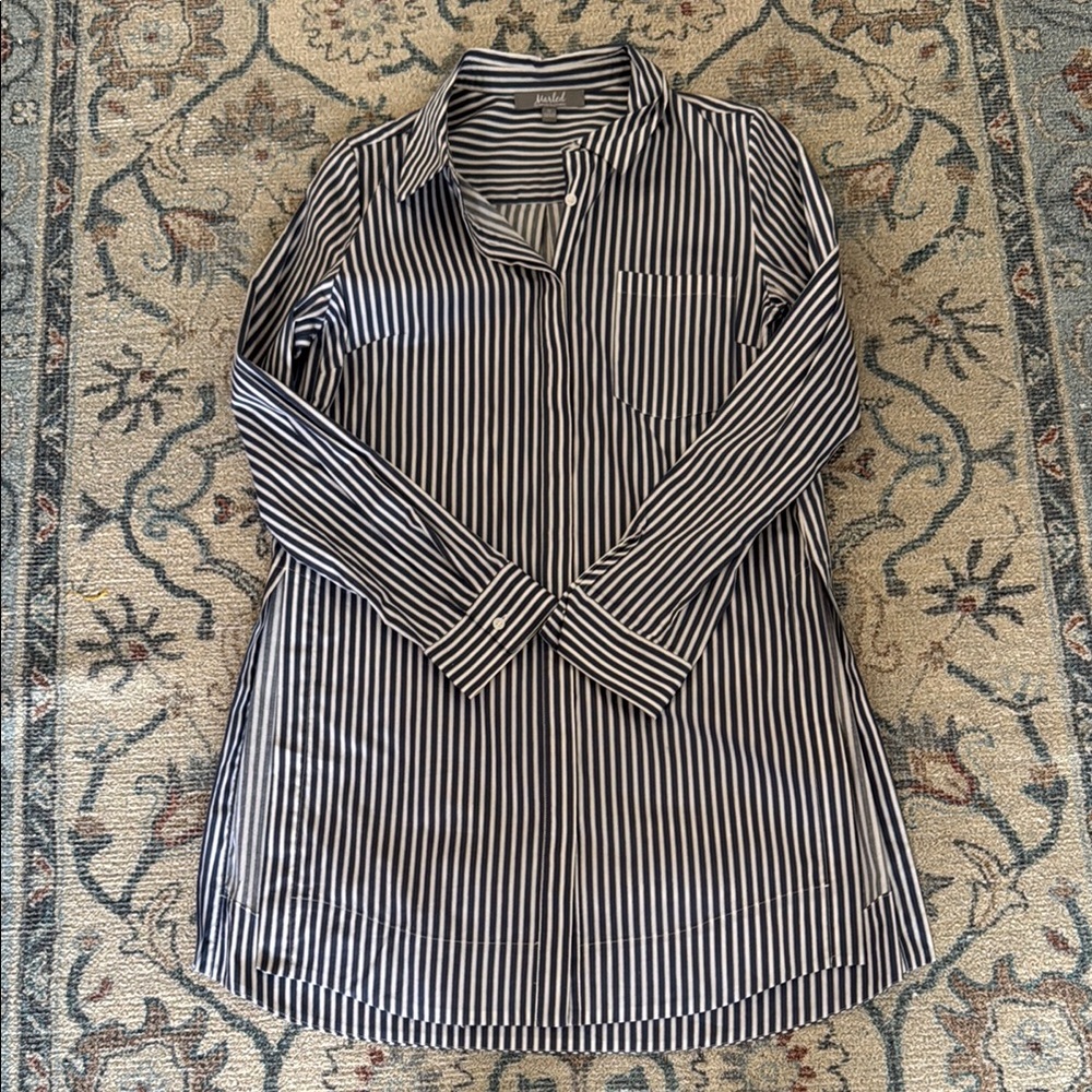 J. Crew Navy and White Striped Long Sleeve Shirt Dress